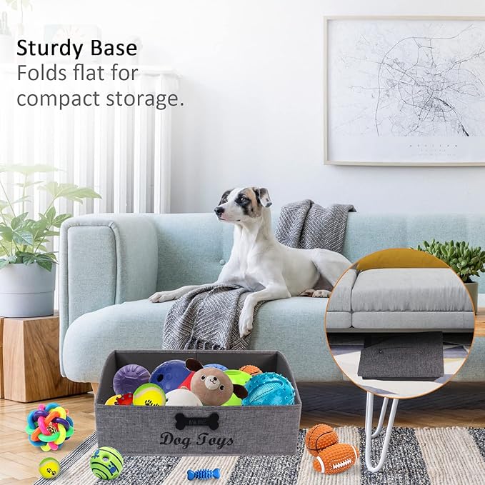 Large Dog Toy Basket Collapsible Dogs Toy Box Fabric Trapezoid Dog Toys Bin Storage for organizing pet Toys/Blankets/leashes/Rope Toys/Clothing-Can be Personalized-Gray