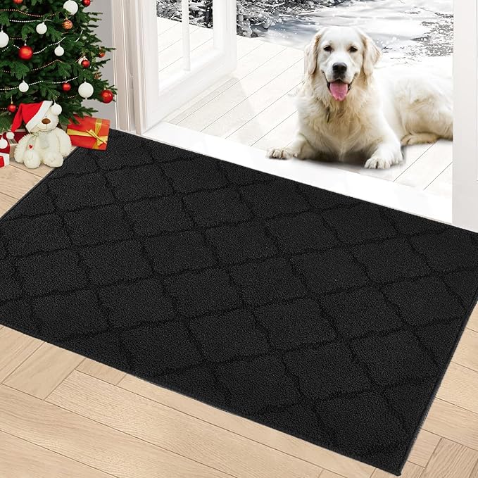 Timo Indoor Door Mat, Front Door Rug 24"x36" Rubber Backing Non Slip Absorbent Door Mats, Resist Dirt Entrance Doormat Inside Floor Mats for Entryway, Machine Washable Low-Profile Doormat, Black