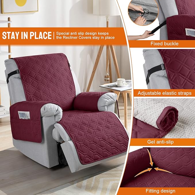 VANSOFY 100% Waterproof Recliner Chair Covers, Recliner Cover Non-Slip Dog Chair Cover Furniture Protector Washable Slipcover with Pocket, Elastic Straps for Pets, Dogs(Burgundy, 22")