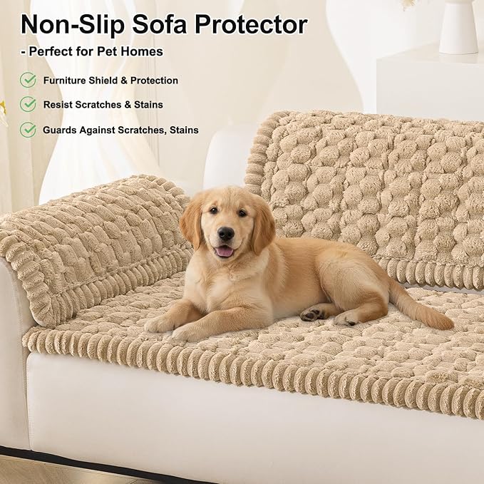 Smiry Pet Couch Cover for 3 Cushion Sofa, Non-Slip Fuzzy Couch Cover for Dogs Washable, Thick Soft Sofa Slipcovers Cushion Protector Pet Friendly (Camel, 27.6" x 70.9")