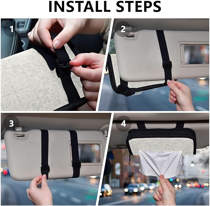 Car Tissue Holder Car Napkin Holder Car Tissue Box Dispenser Storage Case Sun Visor Mask Holder with Adjustable Straps Reusable Refillable White Floral Mandala