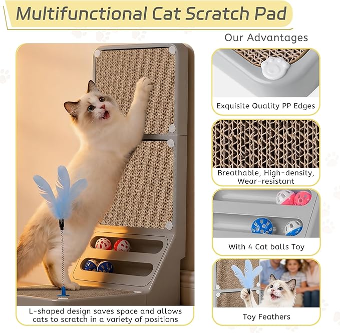 Cat Scratcher Cat Scratch Pad L Shape Wall Mounted Dual Use (Vert/Horiz) Kitten Bunifa Scratching Card Board Vertical Post with Ball Toys Feathers,Protecting Furniture Core is Replaceable Large Grey