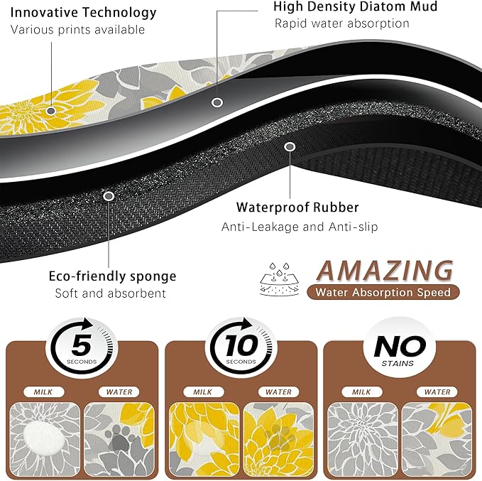 Dahlia Dog Cat Food Mat,Gray Yellow Flower Absorbent Pet Feeding Mat with Rubber Backing,Non-Slip Water Bowl Placemat,Indoor Pet Accessories Supplies 16"x24"