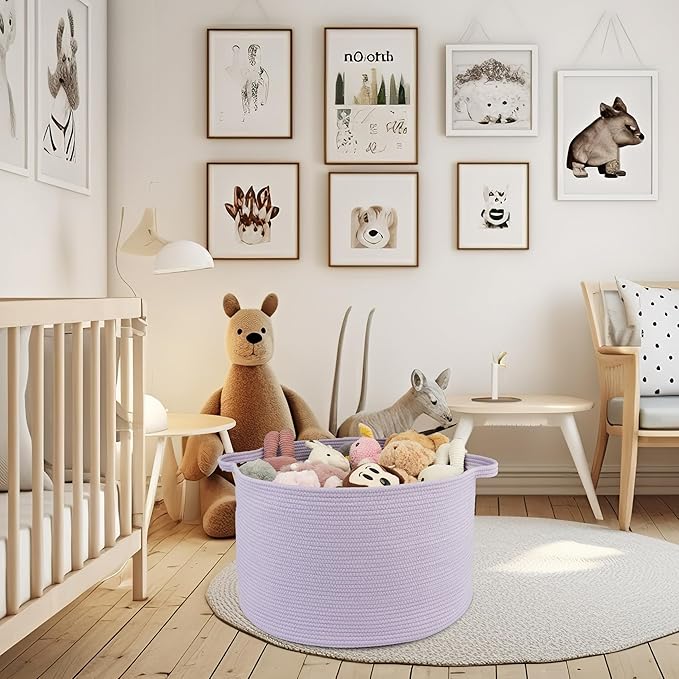 XUANGUO Extra Large Cotton Rope Basket Blankets Basket Living Room 22"x14" Toy Basket for Kids Storage Basket for Nursery Woven Laundry Basket for Clothes Baby Toy Storage round purple or Lavendor