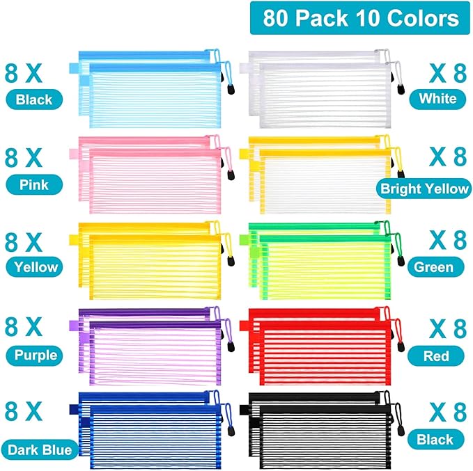 Leelosp 80 Pcs Mesh Zipper Pouch Bulk Back to School Pencil Storage Pouch Mesh Cosmetics Bags Toiletry Makeup Bags for Office Travel Organization(Solid Color,9 x 4.7 Inch)