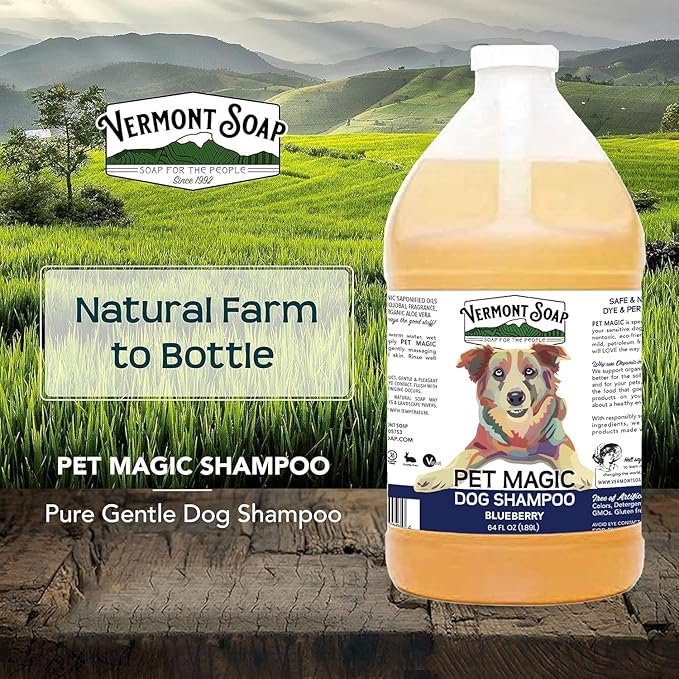 VERMONT SOAP Organics Pet Shampoo - Infused with Organic & Natural Olive Oil, Coconut & Aloe Vera Dog Shampoo for Sensitive Skin - USDA Certified Grooming, Blueberry (64oz)