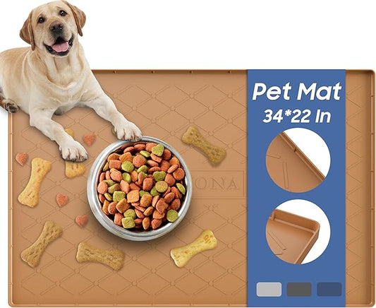 URMONA Large Dog Food Mat, 34" x 22" Pet Food Mat, Waterproof Dog Cat Food Mat with Raised Edges, Silicone Pet Food Mat, Dog Accessories, Prevents Food Spills, Protects Floors, Easy to Clean Fast