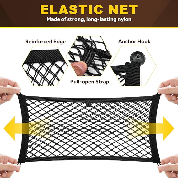 BUMBEE Mesh Cargo Net, Envelope Netting, Elastic Pocket Pouch Bungee Organizer for Car Seat Back RV Wall Trunk, Hooks & Screws Included(21.7'' x 9.8'')