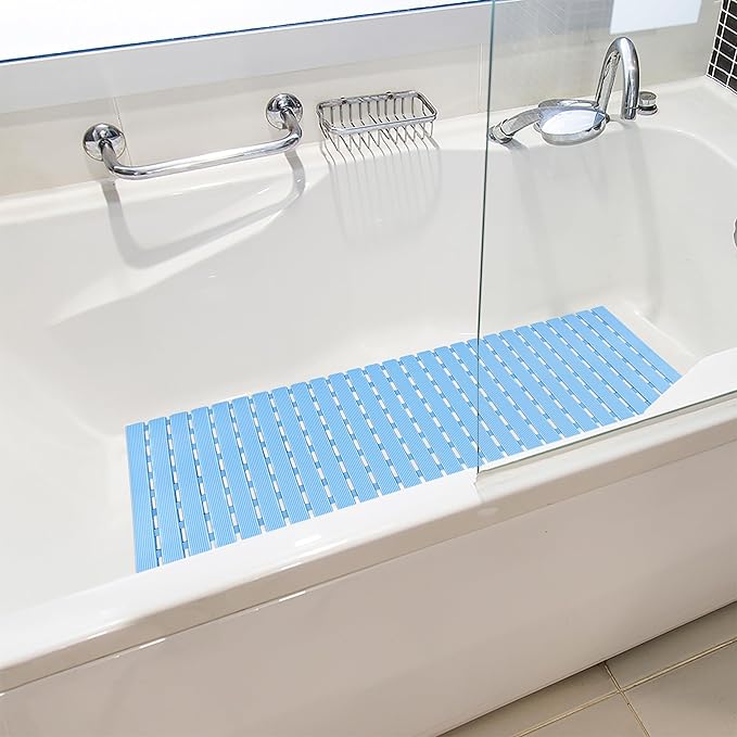 Shower Mat Non Slip Bathtub Mat with Suction Cups and Drain Holes 37.4 x15.7 Inch Bath Mat for Tub & Shower.Easy Dry,Easy to Cut,Eco-Friendly