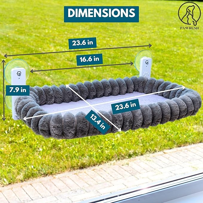 PAWRUSH Cat Window Perch — Premium Cat Window Hammock with 4 Large Suction Cups & Soft Bubble Cushion; Strong Rustproof Metal Frame Window Bed Holding 40lbs; Easy Assembly Perch for Indoor Cats; Gray