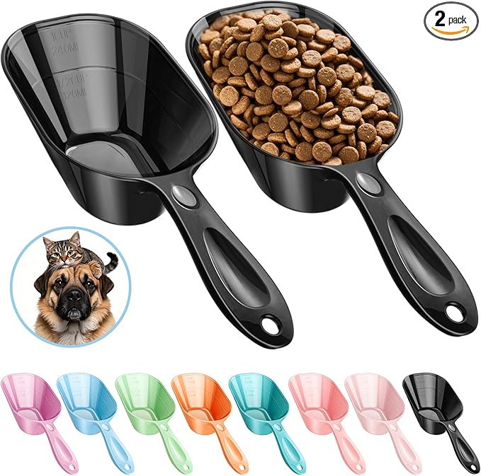 Fenenik Pet Food Scoop 2 Pack, Dog Cup Capacity Cat Food Scooper With Measuring Lines For Dog, Puppy and Cat Coffee Bean, Flour Scoop Black