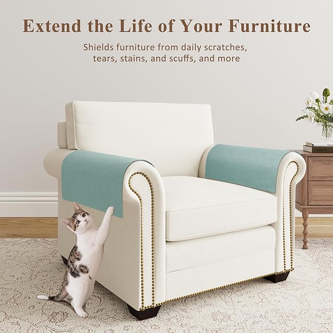 SPWIY Couch Arm Covers Linen Chair Arm Covers Stain Resistant & Anti-Scratch Furniture Protector for Sofa Washable Recliner Armrest Cover for Pets, Light Blue, 2 Pcs, 20" W x 24" L