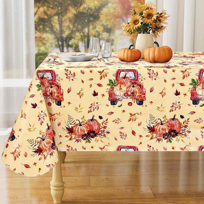 misaya Rectangle Waterproof Vinyl Table Cloth, Wipeable Tablecloth with Flannel Backing, Plastic Table Cover for Fall, Thanksgiving (Pumpkin Truck, 60" x 84")