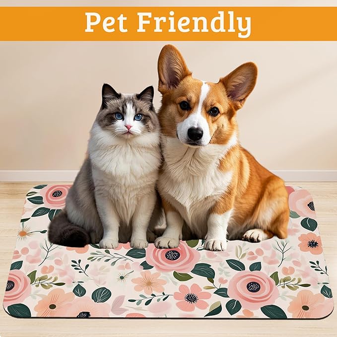 Dog Bowl Mat,Blooming Flowers Pet Feeding Mat for Floors Waterproof,Peonies Roses Absorbent Dogs Placemat for Food and Water Quick Dry Pet Cat Feeding Mats with Non Slip Bottom 16" x 24"