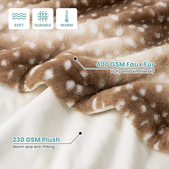 COZY KISS Christmas Deer Print Blanket Twin, Waterproof Pet Blanket, Woman Sofa Bed Couch Faux Fur Throw, Liquid Pee Proof for Large Dog or Cat, Reversible, Washable, Ultra Soft, 60x80 inch, Brown