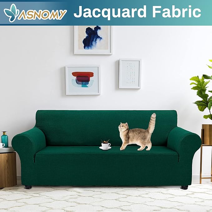 Asnomy Couch Covers for 3 Cushion Couch Stretch Sofa Covers Slipcovers, Pet Protector Furniture Covers for Dogs Cats Spandex Jacquard Fabric Small Checks （X-Large，Blackish Green）