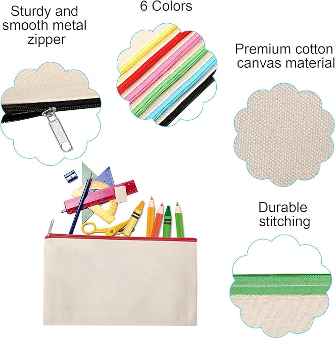 12 Pieces Cotton Canvas Makeup Bag, Multipurpose Cosmetic Bag with Zipper Travel Toiletry Pouch, Blank DIY Craft Bag (Beige, S)