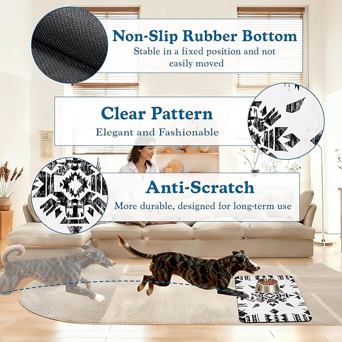 Black Boho Art Dog Food Mat–Absorbent Quick Dry Feeding Placemat for Food and Water Bowls, Non Slip Rubber Backing, Waterproof Pet Supplies for Mess-Free Eating 16"x24"