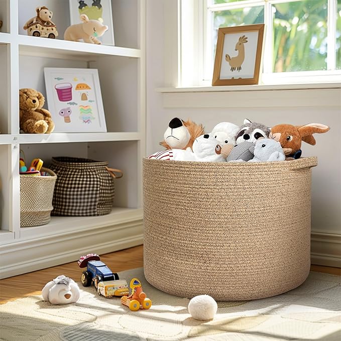 115L Wicker Storage Basket, 23.6"x15.7" Woven Cotton Rope Basket, Giant Kids Dog Toy Bin Organizer, XXXL Blanket Pillow Holder for Living Room, Brown Variegated Wicker Baskets for Organizing