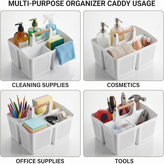 Haundry Plastic White Shower Caddy Basket with 3 Compartments, Portable Divided Bathroom Cleaning Caddy Organizer Storage Tote with Handle for Dorm, College, Room Essentials