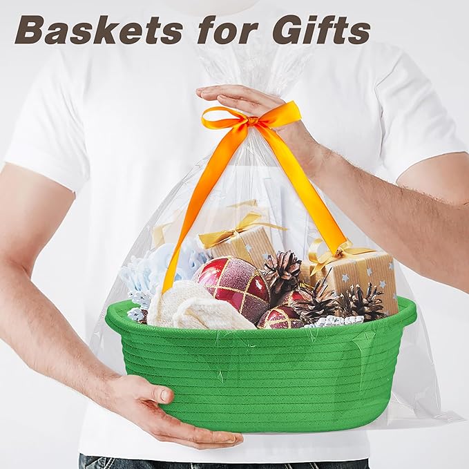Pro Goleem Small Woven Basket with Gift Bags and Ribbons Durable Baskets for Gifts Empty Small Rope Basket for Storage 12"X 8" X 5" Baby Toy Basket with Handles, Grass Green