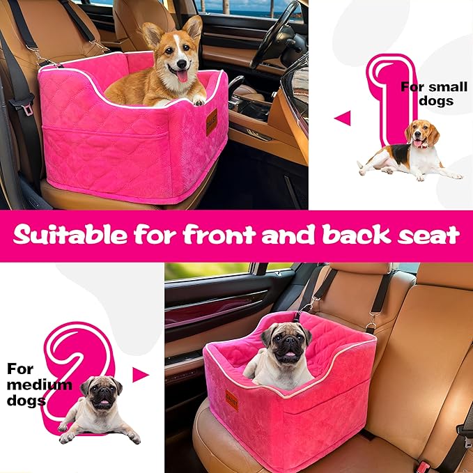 Dog Car Seat for Small Dogs, Memory Foam Dog Booster Seat for Medium Dogs Under 35lbs, Detachable and Washable Elevated Pet Car Seat with Storage Pockets (Rose Red, One Size)