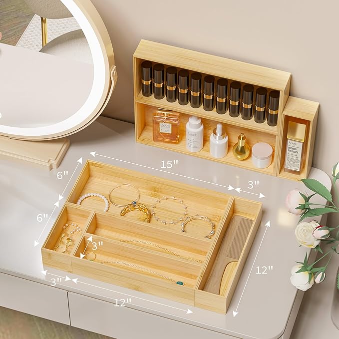 Greatseas Kitchen Drawer Organizer Tray, Stackable Bamboo Deep Drawer Organizer for Large Silverware, Utensils, Cutlery, Flatware,Junk Drawer, Dresser, Bathroom, 17" x 6" x 2.5" (Set of 2)