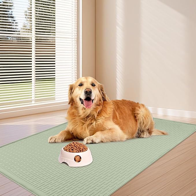 Bartuke Dog Food Mat, Extra Large 34" x 22" Silicone Pet Feeding Mat with Raised Edge Pet Placemat for Small, Medium, and Large Pets Non-Slip, Easy to Clean (Light Green)