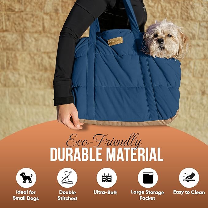 NoblePup Plush Dog Purse Carrier for Small Dogs, Soft Dog Tote Bag with Safety Harness Clip, Cozy Pet Carrier for Dogs Under 15 lbs, Comfortable Dog Shoulder Carrier for Travel, Dark Blue