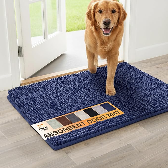 Neater Pets Chenille Dog Door Mat 30” x 20” – Super Absorbent & Quick-Dry Muddy Paws Doormat for Trapping Dirt, Water, Mud - Non-Slip & Machine Washable Pet Rugs for Entryway, Indoor Mud Mats, Navy
