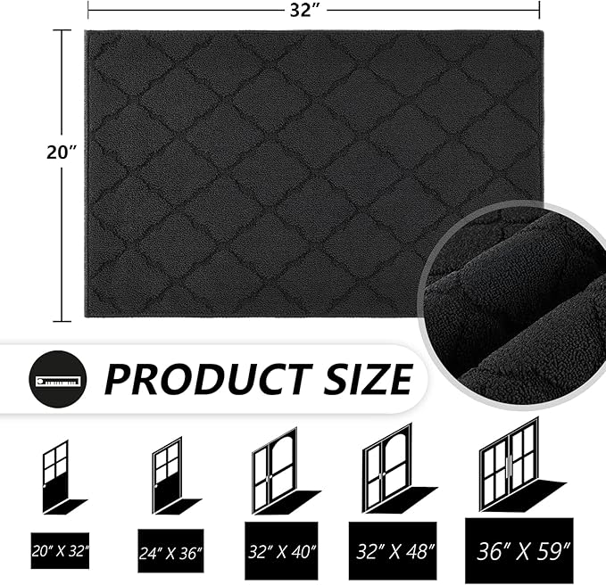 Timo Indoor Doormat, 20"x32", Absorbent Rubber Backed Non Slip Door Mat, Machine Washable, Black