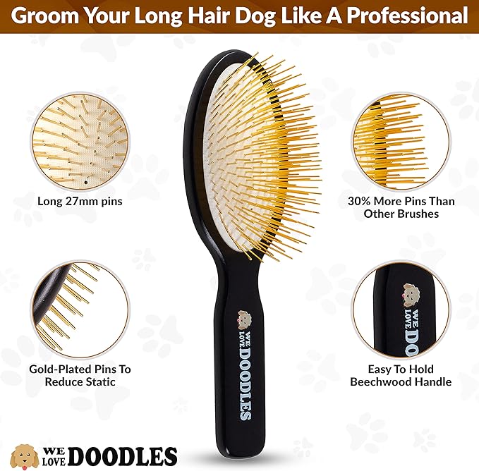 Pin Brush For Dogs, Pet Grooming Detangler Pin Dog Brush, Dog Brush For Shedding and Removing Loose Fur, Wood with Gold Plated Pins for Long Hair Pets