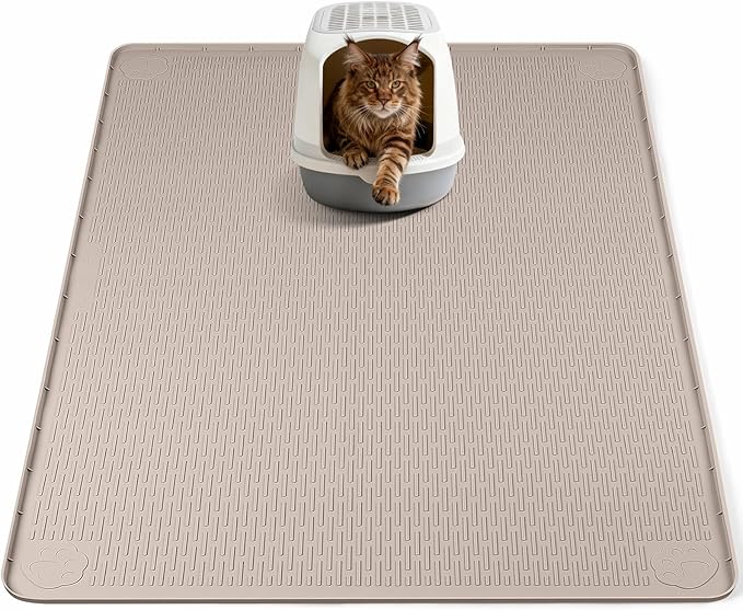 Bartuke Cat Litter Mat, XL Extra Large 40" x 40" Silicone Mat Litter Trapping Mat for Scatter Control, Soft on Kitty Paws, Easy to Clean (Khaki)