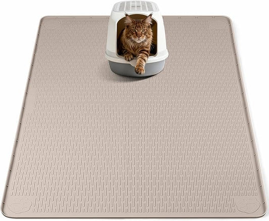 Bartuke Cat Litter Mat, XL Extra Large 40" x 40" Silicone Mat Litter Trapping Mat for Scatter Control, Soft on Kitty Paws, Easy to Clean (Khaki)