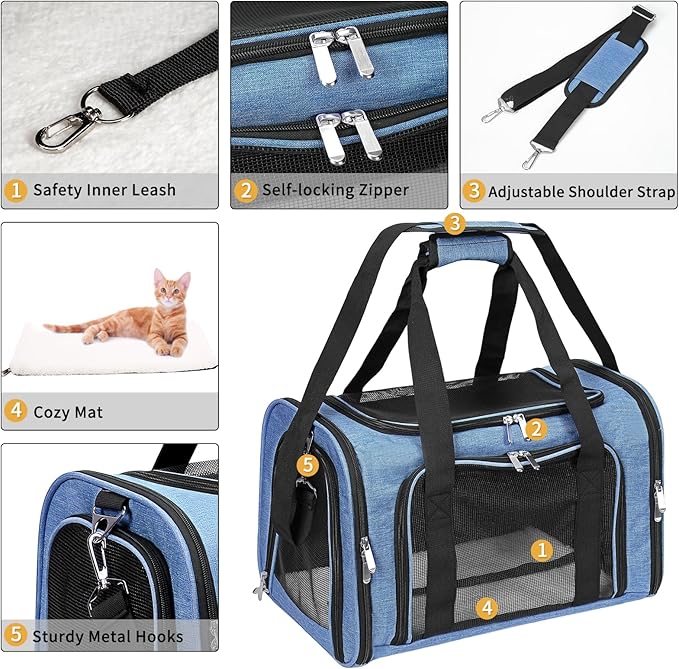 Soft-Sided Cat/Dog/Pet Carrier, Collapsible Pets Travel Carriers for Big Cats/Small Dogs with Shoulder Strap & Removable Mat, Mesh Puppy Carry Bag, Up to 25 Lbs (Blue)