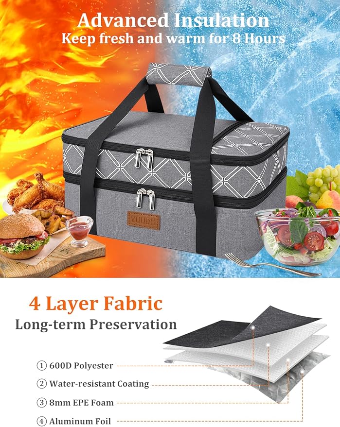 Vuudh Expandable Casserole Carrier Bag, Double Deckered Insulated Food Bag for 2 Dishes, Hot Cold Lasagna Holder Tote for Picnic, Potluck, Travel