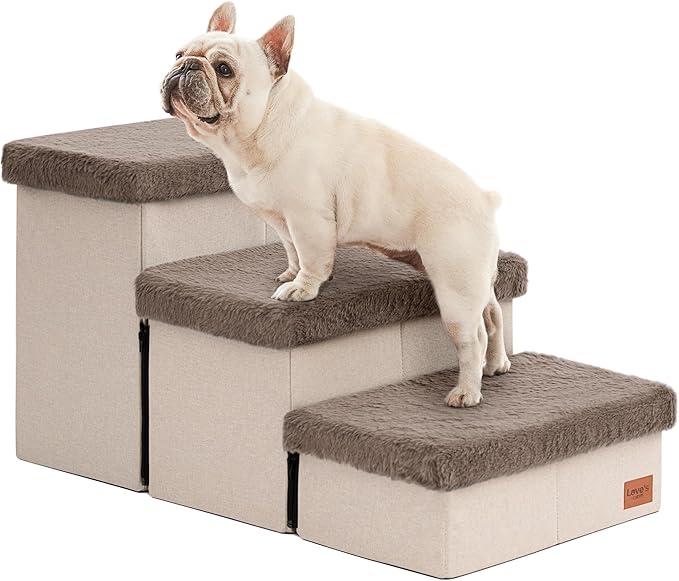 Love's cabin Dog Stairs for High Bed 18" H,3 Steps with Furry Lids Pet Stairs for Small Medium Large Dogs,Foldable Cat Ramp with Zip up to 200 lbs,Brown