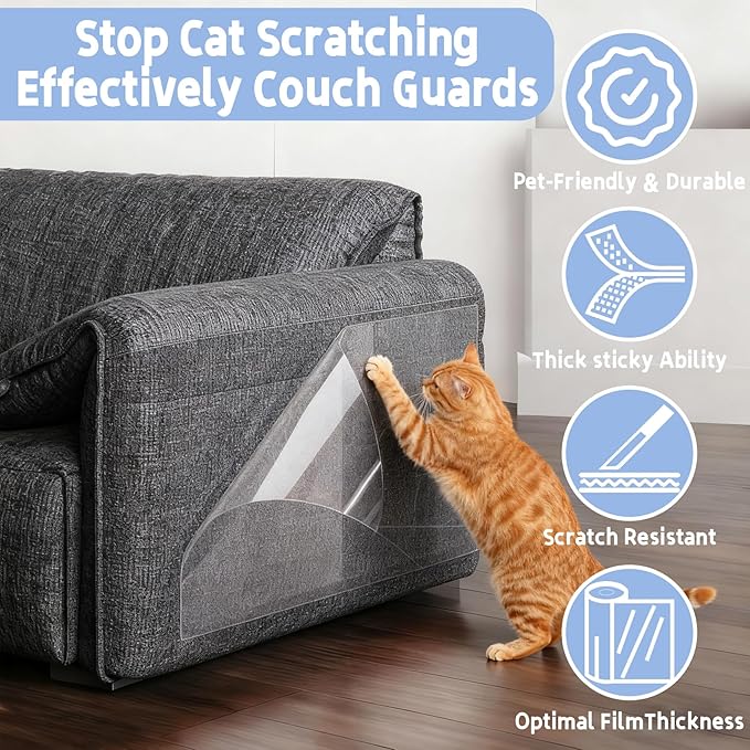Anti Cat Scratch Furniture Protector: Thick Sticky Cat Proof Couch Cover 196.8" x 11.8" Clear Vinyl Dog Scratching Deterrent Tape for Door Sofa Wall Corner