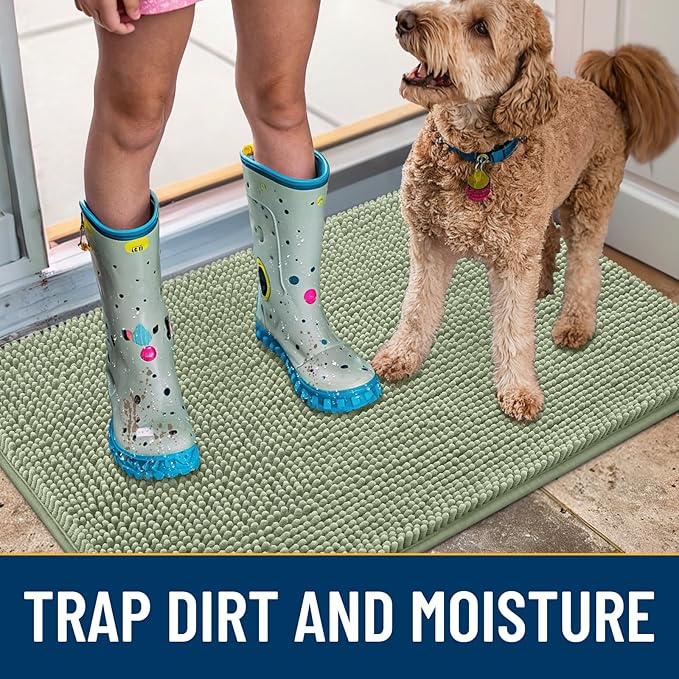 Smiry Dog Door Mat for Muddy Paws 71x46, Absorbs Moisture and Dirt Doormat, Non-Slip Washable Quick Dry Chenille Front Door Mat Indoor Entrance, Entryway Carpet for Inside Floor, Sage Green