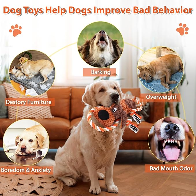 Plush Dog Toys with Rope, Squeaker & Crinkle Paper – Interactive Squeaky Chew Toy for Large Dogs & Puppies – Tough Pet Toy for Tug of War, Fetch & Dental Exercise