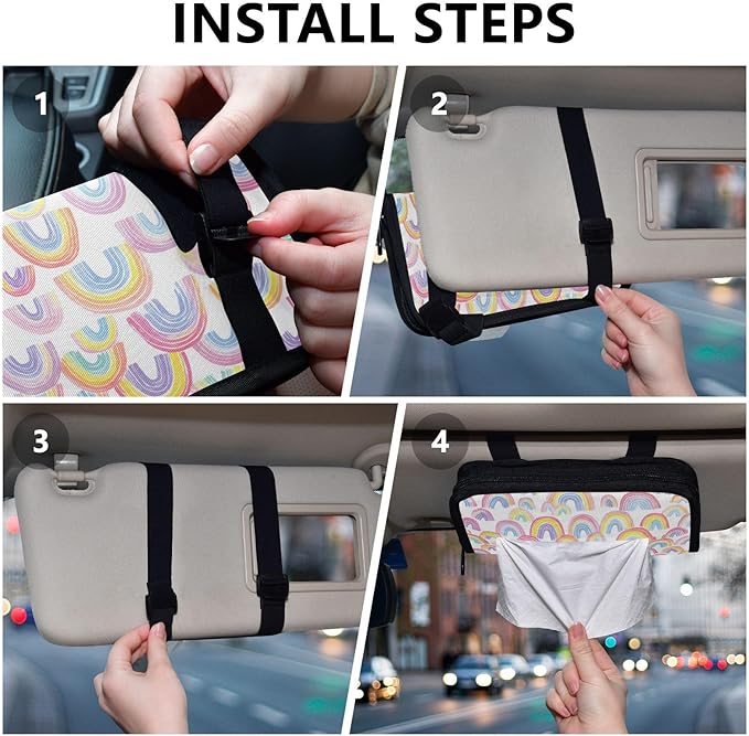 Car Tissue Holder Car Napkin Holder Car Tissue Box Dispenser Storage Case Sun Visor Mask Holder with Adjustable Straps Reusable Refillable Gradient Cute Rainbows