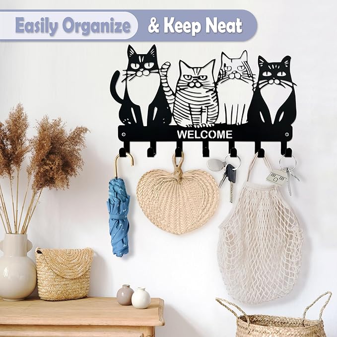 Key Holder for Wall, 11.88'' x 7'' Black Metal Cat Shape Decoration Key Hook Wall Mount Key Rack Hanger Storage Organizer with 7 Hooks for Home Doors Entryway Kitchen Garage Decor
