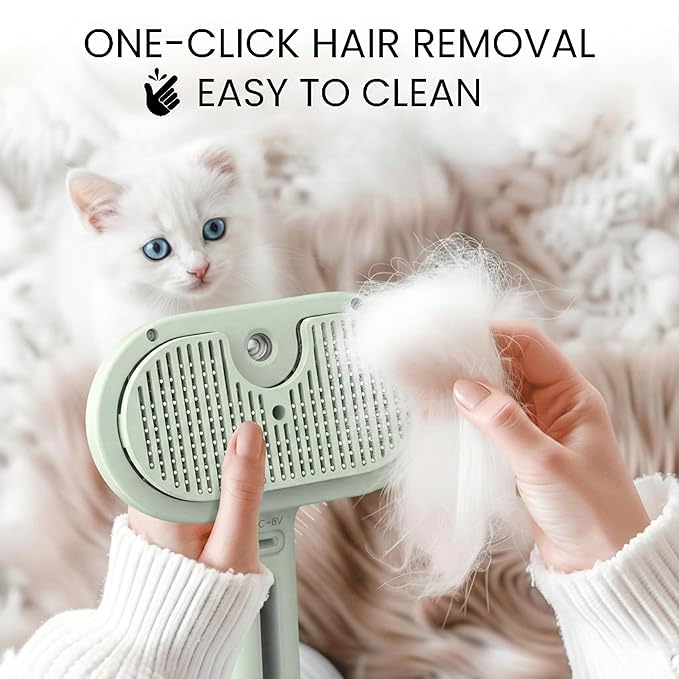 SHAZORY Pet Steam Brush for Dog & Cat - 3-in-1 Steam Grooming Brush for Shedding & Hair Removal - Self Cleaning Spray Comb with Mist for Long Haired Pets - Includes Water Refill Bottle (Green)