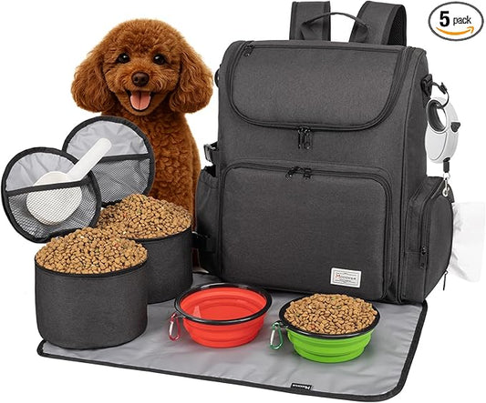 Modoker Dog Travel Bag Backpack, Airline Approved Pet Accessories Organizer for Dog and Cat with Shoulder Strap, 2 Dog Food Storage Containers, 2 Collapsible Dog Bowls,1 Pet Mat, Black