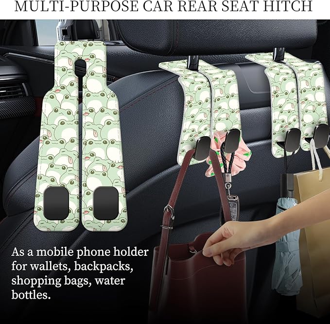 PU Leather Car Seat Hook, Storage Headrest Hanger, Cute Car Backseat Organizer, Car Hooks For Purses and Bags Green Frog Pattern