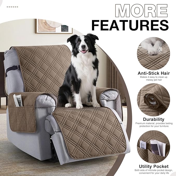 TAOCOCO 100% Waterproof Recliner Chair Covers, Non Slip Recliner Covers for Recliner Chair with Pocket, Washable Reclining Chair Cover Furniture Protector for Kids,Dogs(25'', Taupe)
