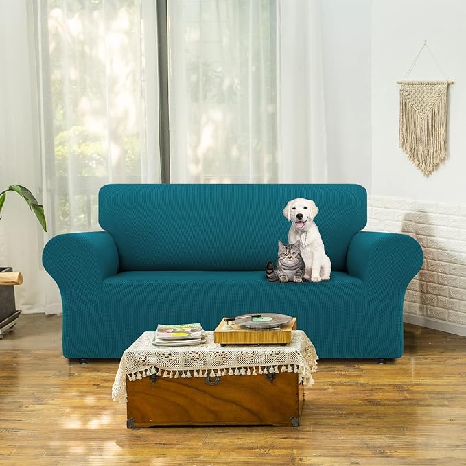 LURKA Stretch Loveseat Sofa Slipcovers 1 Piece Couch Covers for Sofa Furniture Protector Full Sofa Covers with Elastic Bottom for Kids and Dog (Medium,Peacockblue)