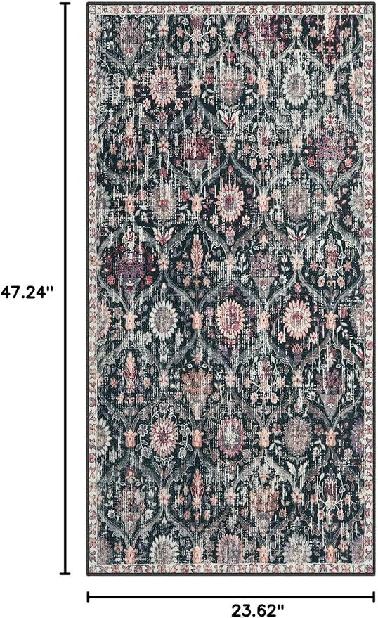 Lahome Kitchen Rugs Non Slip Washable Rugs for Entryway, 2x4 Rug Non-Slip Moroccan Trellis Ultra-Thin Indoor Door Mat Small Carpet for Bathroom Bedroom Entry Elise, Black/Multi