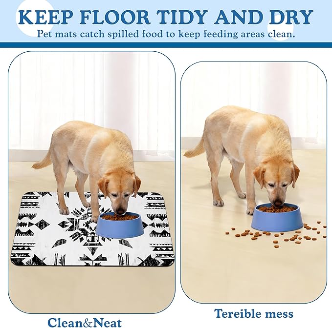 Black Boho Art Dog Food Mat–Absorbent Quick Dry Feeding Placemat for Food and Water Bowls, Non Slip Rubber Backing, Waterproof Pet Supplies for Mess-Free Eating 16"x24"
