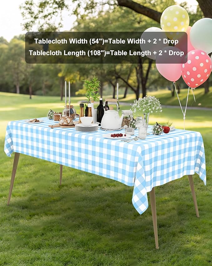 Smiry 8 Packs Gingham Disposable Table Cloth, 54 x 108 Inch Waterproof Plastic Tablecloth, Rectangle Baby Blue and White Checkered Table Covers for Picnic, Birthday, Party